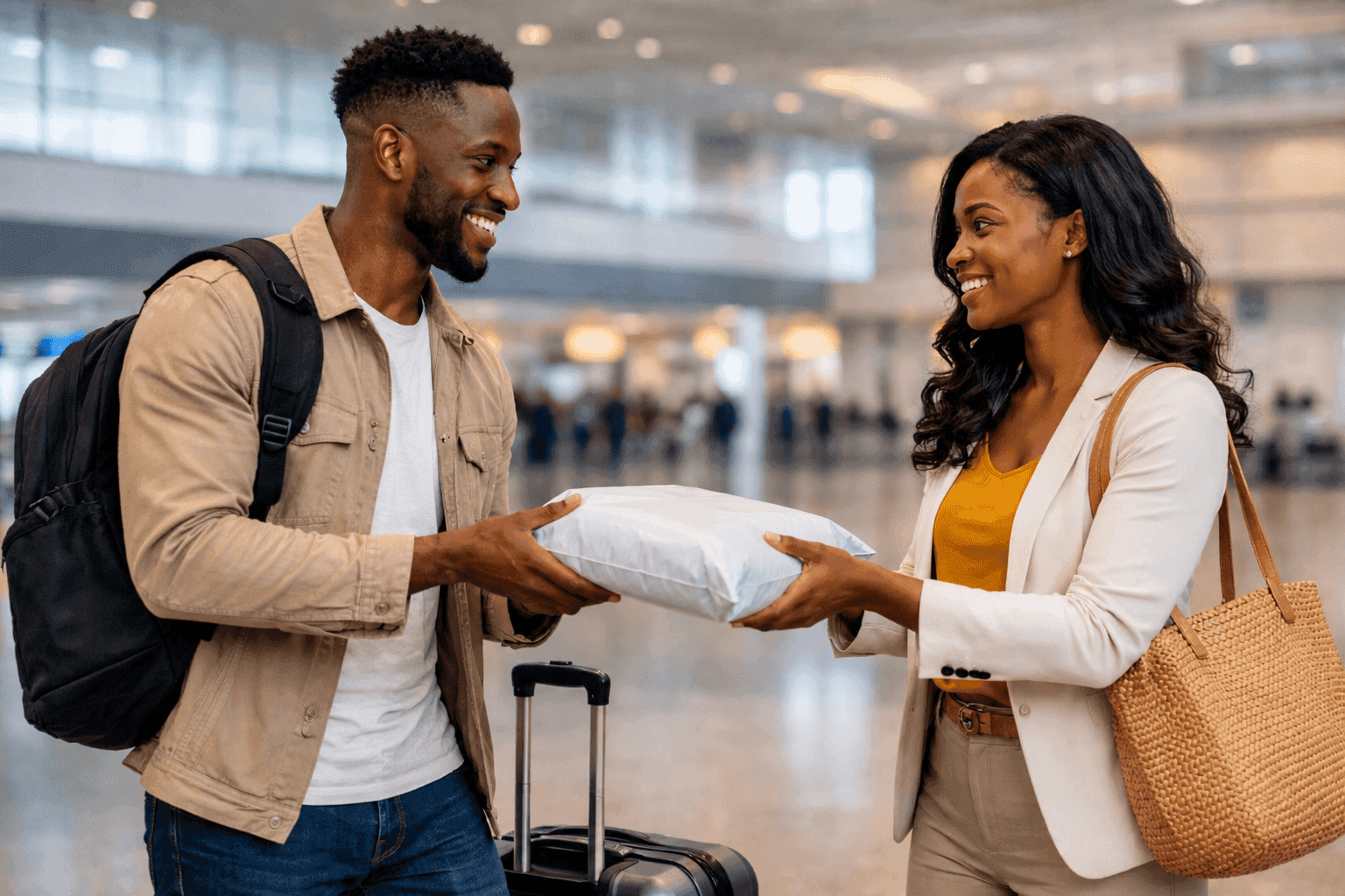 Échange de colis à l'aéroport entre voyageur et expéditeur